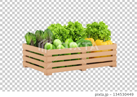 A wooden crate filled with a variety of fresh green vegetables, including lettuce, cabbage, and other leafy greens. 134530449