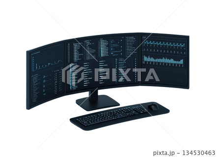 A modern, curved computer monitor displaying various data metrics and analytics, accompanied by a sleek keyboard. 134530463
