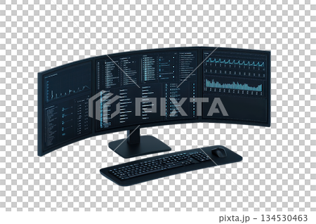 A modern, curved computer monitor displaying various data metrics and analytics, accompanied by a sleek keyboard. 134530463