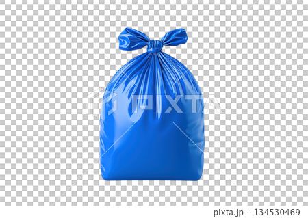 A glossy blue garbage bag tied at the top, showcasing a smooth surface and a distinct knot. 134530469