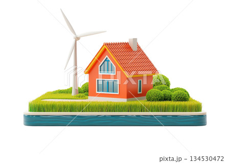 A vibrant model of a house featuring a wind turbine, surrounded by greenery, representing eco-friendly living and renewable energy. 134530472