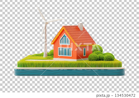 A vibrant model of a house featuring a wind turbine, surrounded by greenery, representing eco-friendly living and renewable energy. 134530472