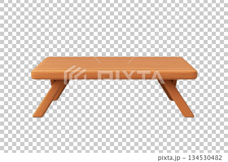 A simple wooden table with angled legs, showcasing a natural finish and minimalistic design. 134530482
