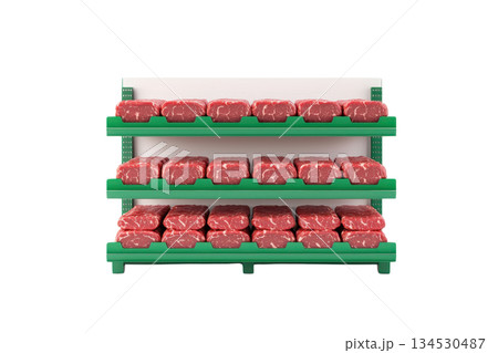 A display of packaged meat arranged on green shelves, showcasing an assortment of red cuts in neat rows. 134530487