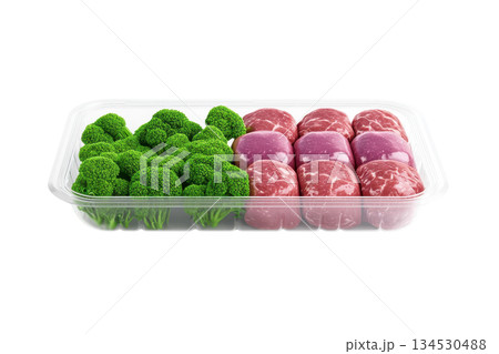 A tray of fresh broccoli and marbled meat cuts arranged side by side, showcasing vibrant colors and textures. 134530488