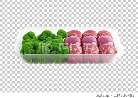 A tray of fresh broccoli and marbled meat cuts arranged side by side, showcasing vibrant colors and textures. 134530488