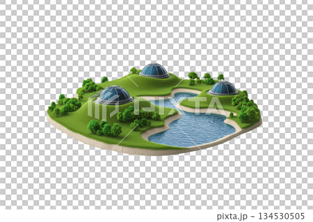 A miniature landscape featuring green hills, a winding river, and three dome structures captures a serene, natural environment. 134530505