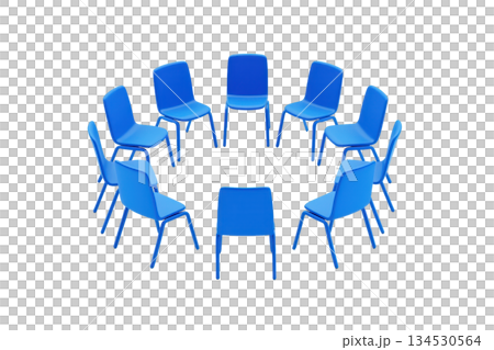 A circle of blue chairs arranged symmetrically, emphasizing communal seating and a vibrant color scheme. 134530564