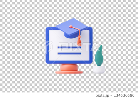 A stylized computer screen featuring a graduation cap, symbolizing education and academic achievement, accompanied by a small plant. 134530580