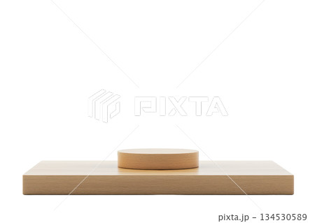 A minimalist wooden platform with a cylindrical object centered on top, highlighting a simple yet elegant design. 134530589
