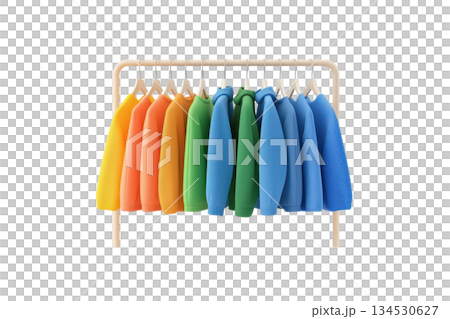 A colorful display of hoodies arranged neatly on a wooden rack, showcasing a variety of vibrant shades. 134530627