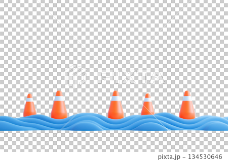Five orange traffic cones are partially submerged in vibrant blue waves. 134530646