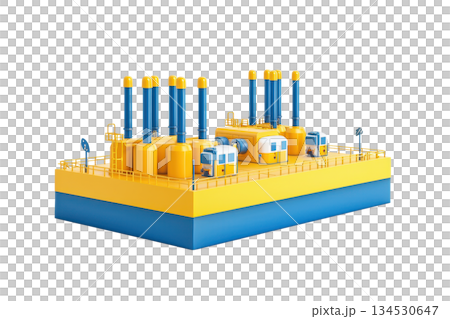 A vibrant yellow and blue industrial platform featuring multiple tall smokestacks and various structures, resembling a facility for energy production or processing. 134530647