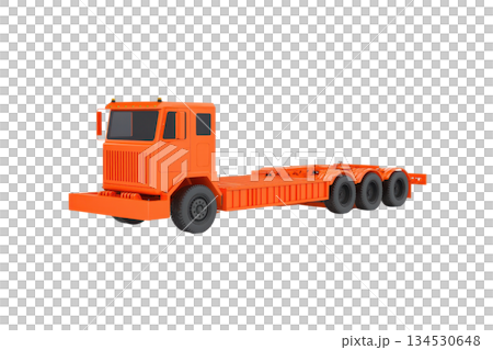 A bright orange truck chassis with three axles, designed for heavy-duty transport and construction purposes. 134530648