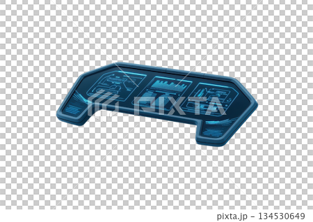 A futuristic control panel featuring glowing interface elements and digital displays. 134530649