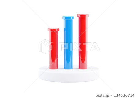 Three test tubes filled with vibrant red and blue liquids, arranged on a white circular base. 134530714