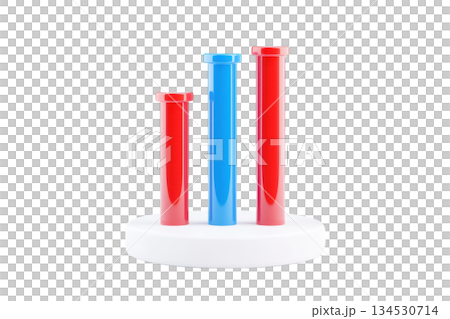 Three test tubes filled with vibrant red and blue liquids, arranged on a white circular base. 134530714
