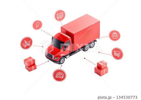 A red delivery truck surrounded by icons representing logistics, shopping, and shipping services. 134530773