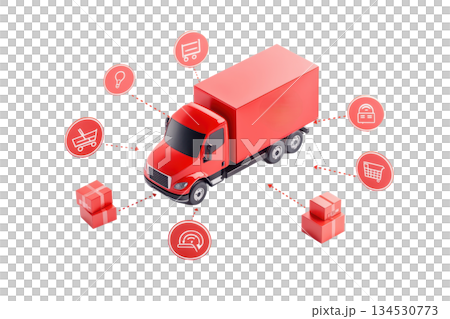 A red delivery truck surrounded by icons representing logistics, shopping, and shipping services. 134530773