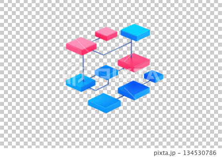A vibrant, abstract arrangement of interconnected blocks in red and blue, symbolizing data flow or network connections. 134530786
