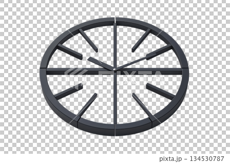 A modern, minimalist clock features a circular design with protruding hour markers and sleek hands, emphasizing its contemporary aesthetic. 134530787