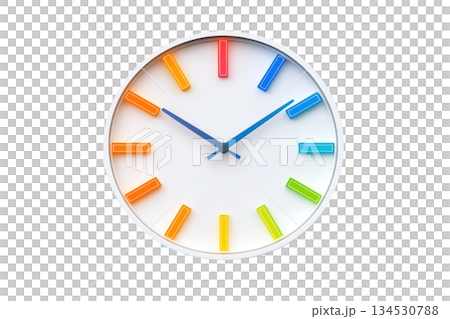 A colorful, modern wall clock featuring bold hour markers and distinctive hands. 134530788