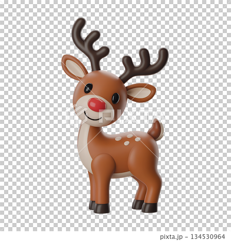Friendly, smiling 3d reindeer with shiny red nose, ideal for holiday cards, websites, and festive storytelling Friendly, smiling 3d reindeer with shiny red nose, ideal for holiday cards, websites, and festive storytelling 134530964