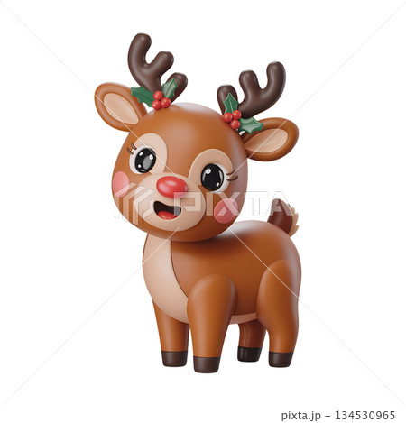 Adorable 3d cartoon reindeer character with a bright red nose, wearing a holly wreath, perfect for cute christmas designs and children's media Adorable 3d cartoon reindeer character with a bright red nose, wearing a holly wreath, perfect for cute christmas designs and children's media 134530965