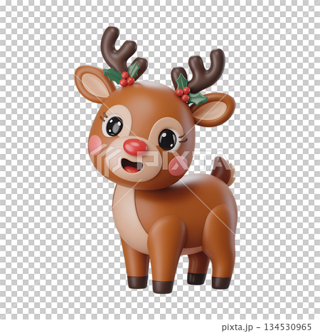 Adorable 3d cartoon reindeer character with a bright red nose, wearing a holly wreath, perfect for cute christmas designs and children's media Adorable 3d cartoon reindeer character with a bright red nose, wearing a holly wreath, perfect for cute christmas designs and children's media 134530965