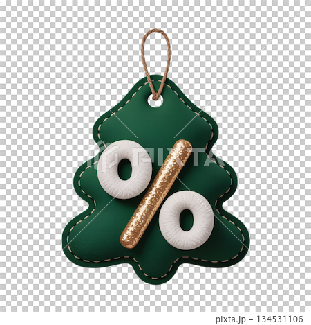 Festive 3d discount tag shaped like a christmas tree with a percentage sign, perfect for holiday sales banners, promotions, and shopping ads 134531106