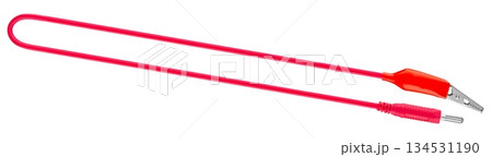 electric cable, with a metal contact on one side and a clip (crocodile) on the other, on a white background in insulation electric cable, with a metal contact on one side and a clip (crocodile) on the other, on a white background in insulation 134531190