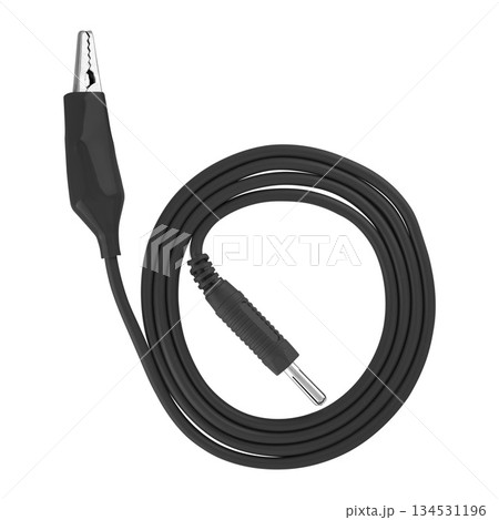 electric cable, with a metal contact on one side and a clip (crocodile) on the other, on a white background in insulation 134531196