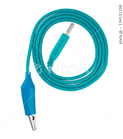 electric cable, with a metal contact on one side and a clip (crocodile) on the other, on a white background in insulation 134531198