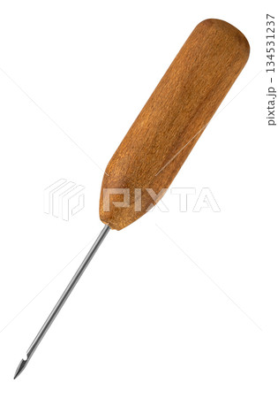 awl-hook, for stitching shoes, on white background in insulation awl-hook, for stitching shoes, on white background in insulation 134531237