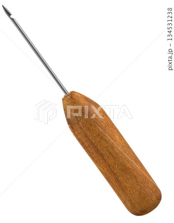 awl-hook, for stitching shoes, on white background in insulation awl-hook, for stitching shoes, on white background in insulation 134531238