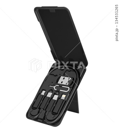 Set of cable with replaceable connectors for phone in plastic case, on white background in insulation Set of cable with replaceable connectors for phone in plastic case, on white background in insulation 134531265