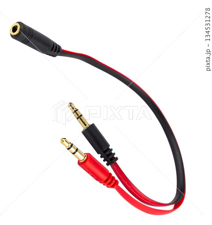 3.5 mm audio jack plug with cable, insulated on white background 3.5 mm audio jack plug with cable, insulated on white background 134531278