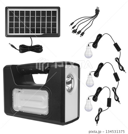 battery lantern, portable with handle with solar panel, on white background in insulation 134531375