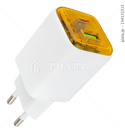 Classic white power adapter with USB port. on white background in insulation Classic white power adapter with USB port. on white background in insulation 134531515