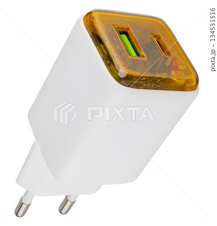 Classic white power adapter with USB port. on white background in insulation Classic white power adapter with USB port. on white background in insulation 134531516
