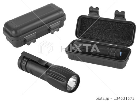 LED camping flashlight, on a white background in insulation 134531573