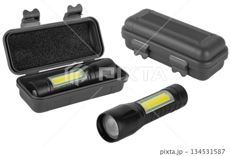 hand-held LED flashlight, on white background in insulation 134531587