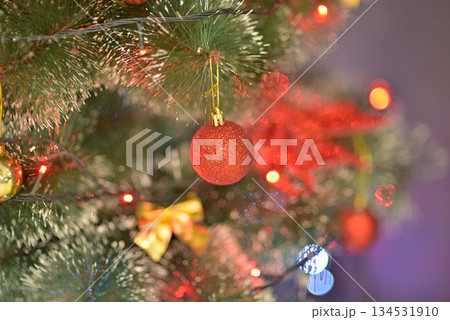 Christmas Tree with Red Ornaments and Lights Christmas Tree with Red Ornaments and Lights 134531910