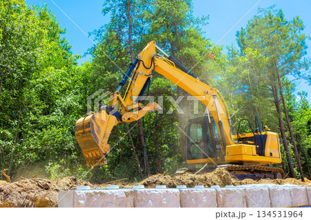 Large excavator is working to dig soil in forested area under construction site 134531964