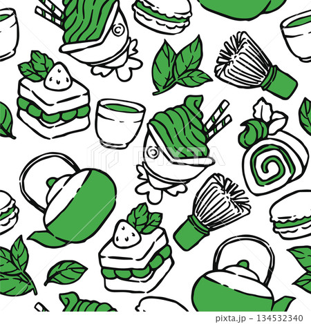 Japanese matcha tea. Doodle seamless pattern. Matcha tea and desserts. 134532340