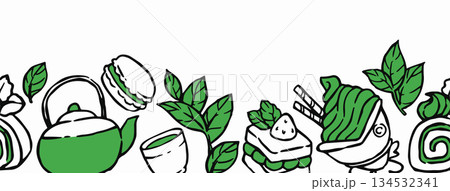 Japanese matcha tea. Doodle seamless border. Matcha tea and desserts. 134532341