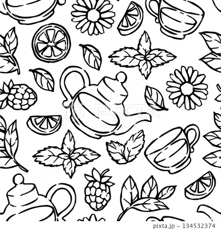 seamless pattern of Herbal tea, vector illustration in doodle style. seamless pattern of Herbal tea, vector illustration in doodle style. 134532374