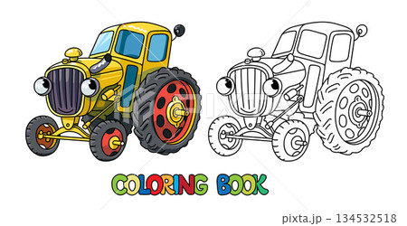 Funny small retro tractor with eyes. Coloring book 134532518
