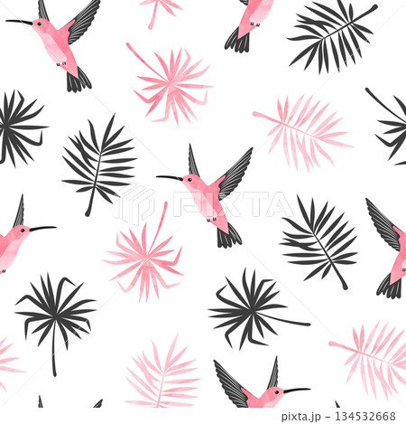 Hummingbirds and exotic tropical leaves pattern. Seamless watercolor tropic illustration Hummingbirds and exotic tropical leaves pattern. Seamless watercolor tropic illustration 134532668