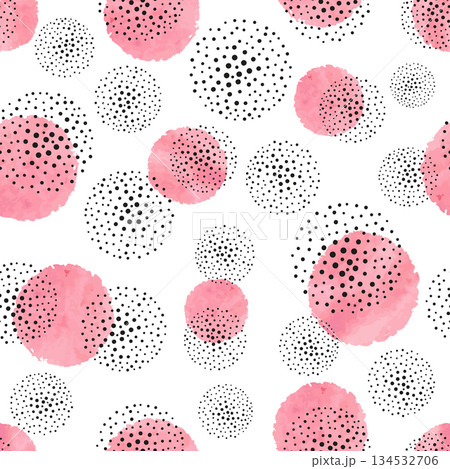 Seamless dotted pattern with pink watercolor circles. Vector abstract background 134532706